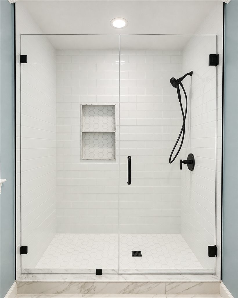 Frameless shower with a fixed glass panel and hinged door